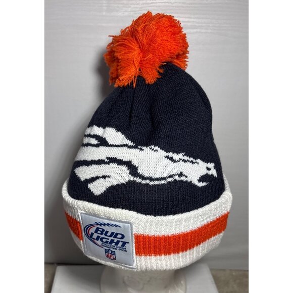 Denver Broncos Knit Beanie Hat Toque Navy Blue Orange Pom Bud Light  NFL Footbal - Picture 3 of 6